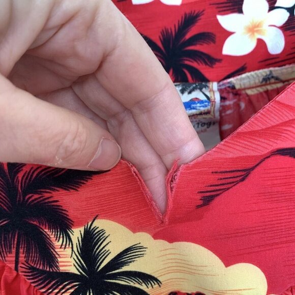 Vintage Hawaiian Togs Red Mumu Dress Large Palm Trees Hibiscus - Picture 9 of 15